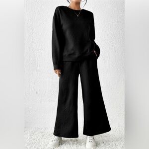 Two Piece Quilted Textured Athleisure Matching Set Black Size Medium